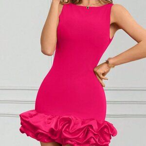 Hot Pink Casual Women's Round Neck Sleeveless Puff Hem Short Dress